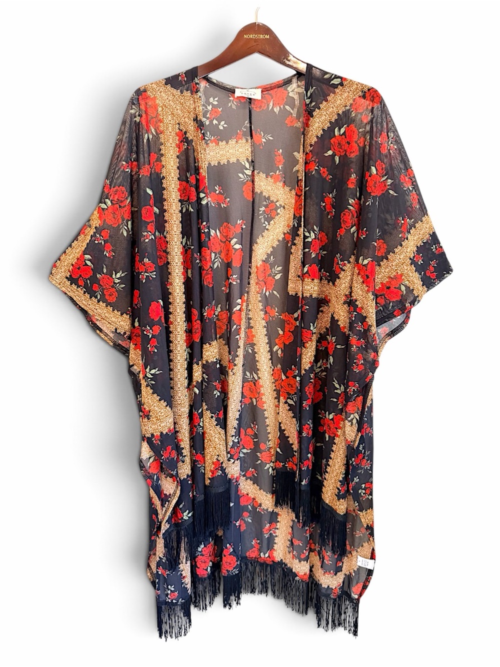 Ember Floral Kimono duster, sheer floral red roses print, fringed hem sz XL